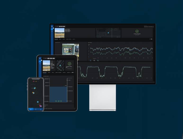 Grundfos Connect dashboard showing real-time pump performance, alarms, and trends across desktop and mobile devices.