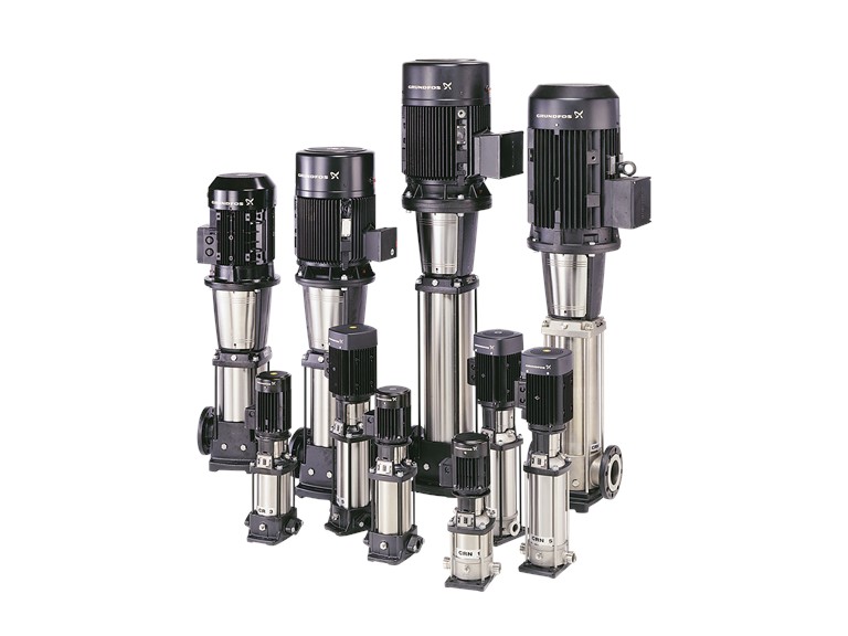 Lineup of Grundfos CRN vertical multistage pumps in different sizes, each with a black motor mounted above a stainless steel multistage pump body