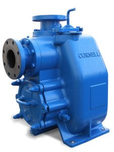 A bright blue industrial pump with a 'CORNELL' logo, a flanged opening, and a sturdy base