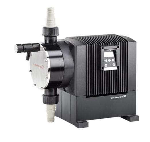A black industrial pump with a silver front plate, white hose connectors, and a control panel with a digital display