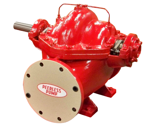 A shiny red industrial pump with a 'PEERLESS PUMP' emblem, a silver shaft, and a coupling mechanism