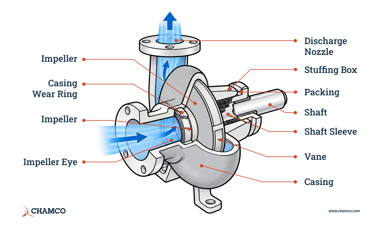 Cutaway diagram of a centrifugal pump, labeling the impeller eye, impeller, casing wear ring, casing, vane, shaft, shaft sleeve, packing, stuffing box, and discharge nozzle, with arrows showing liquid flow from inlet to discharge