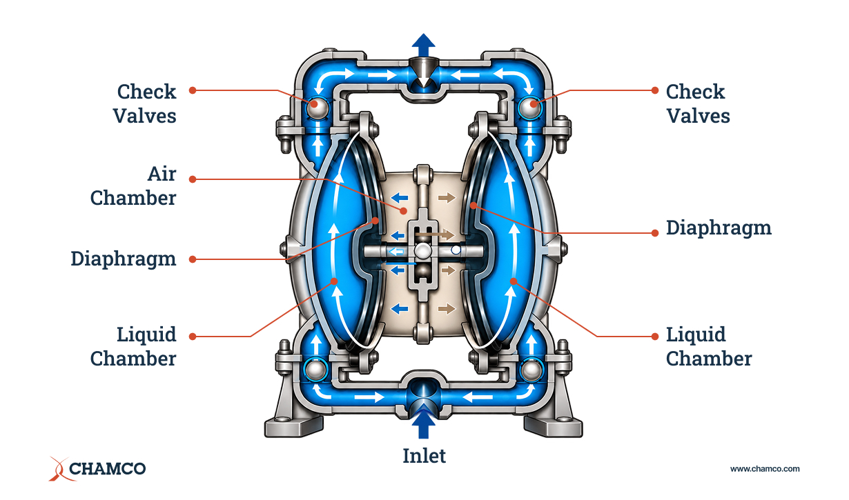 Cutaway diagram of an air-operated diaphragm positive displacement pump, labeling the inlet, liquid chambers, diaphragms, air chamber, and check valves, with arrows showing air and liquid flow through both sides of the pump