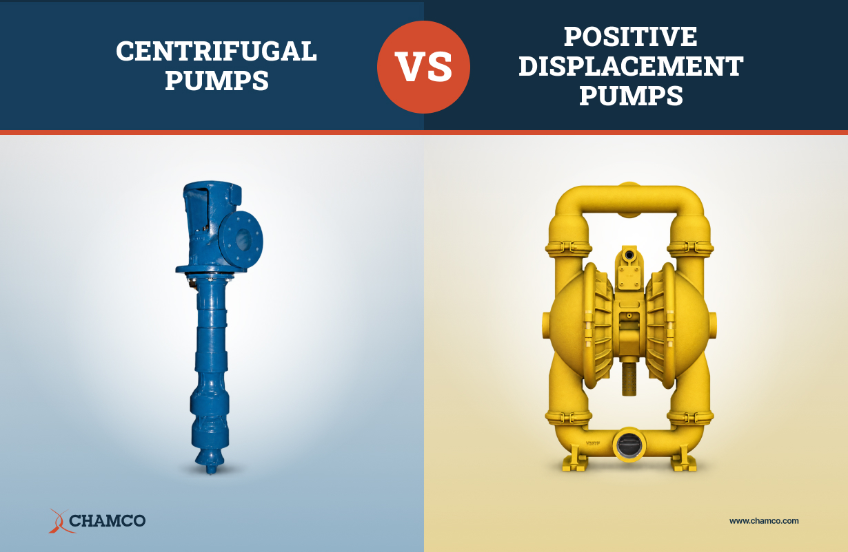 Split comparison graphic showing a blue Peerless vertical turbine centrifugal pump on the left and a yellow Versamatic positive displacement diaphragm pump on the right, separated by a red VS circle